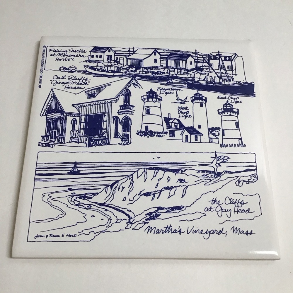 Martha’s Vineyard Mass Tile Trivet Joan & Bruce Hart Blue White 6x6" 1992 Art MA - Picture 5 of 7